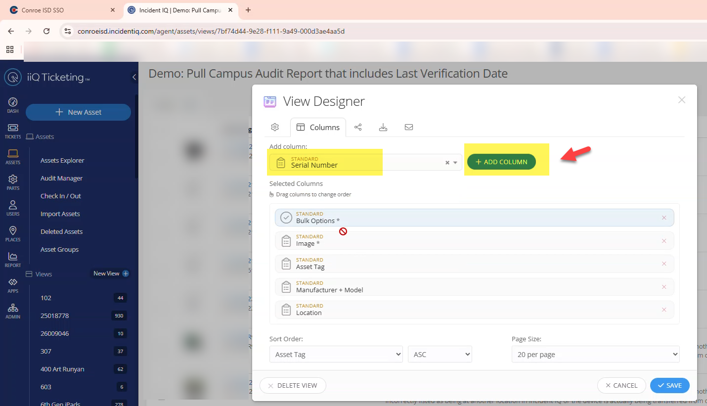 View Settings menu showing the Serial Number, Room Number, and Last Verification columns added.