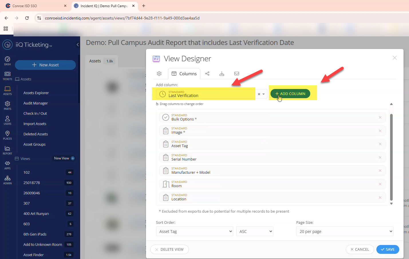 View Settings menu showing the Serial Number, Room Number, and Last Verification columns added.
