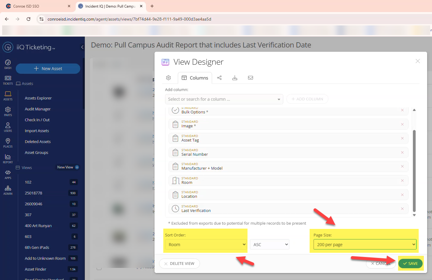 View Settings menu showing the list sorted by Room, page size set to 200, and the Save button.