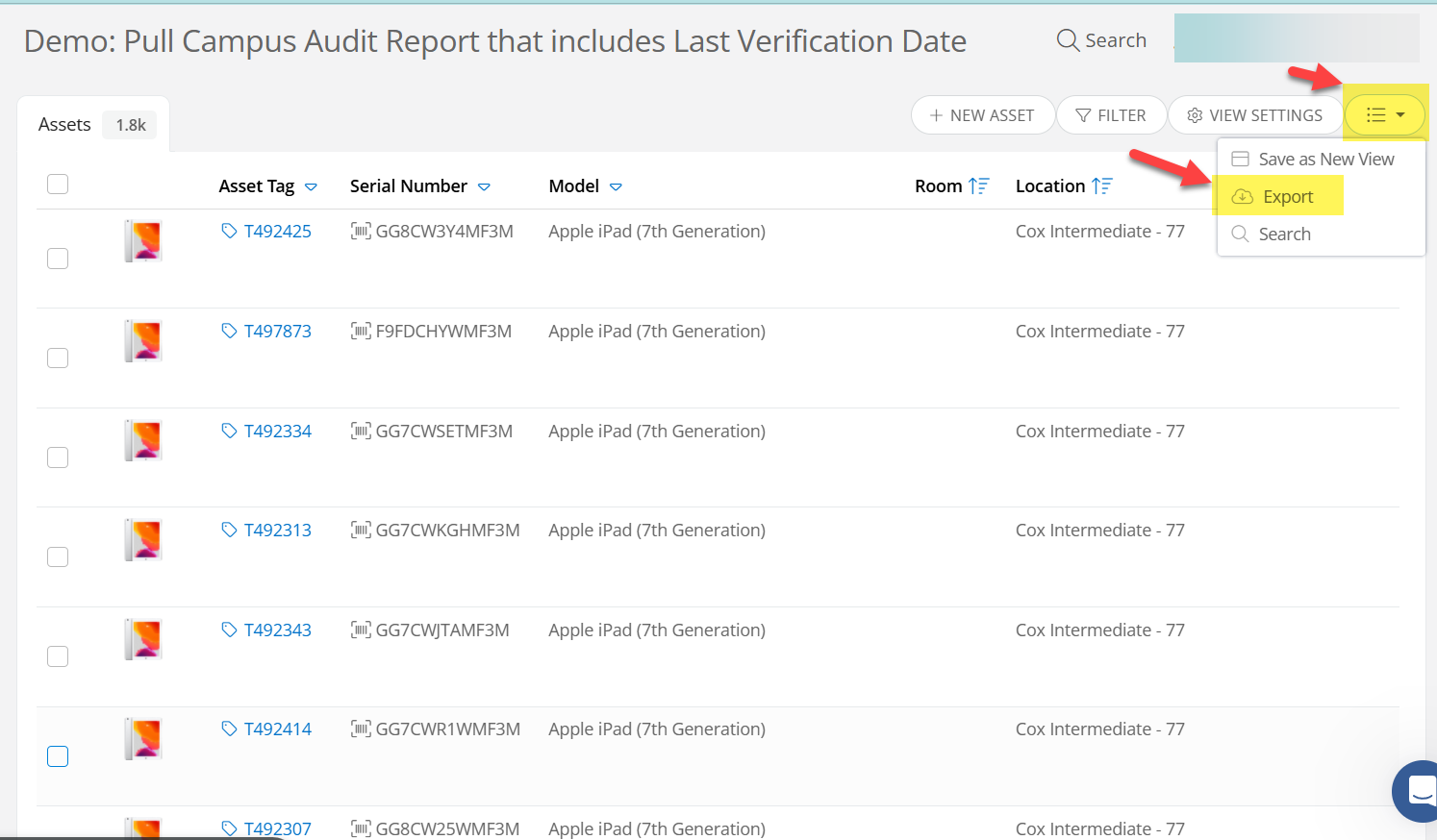 Incident IQ Action menu showing the 3 lines icon expanded with Export selected.