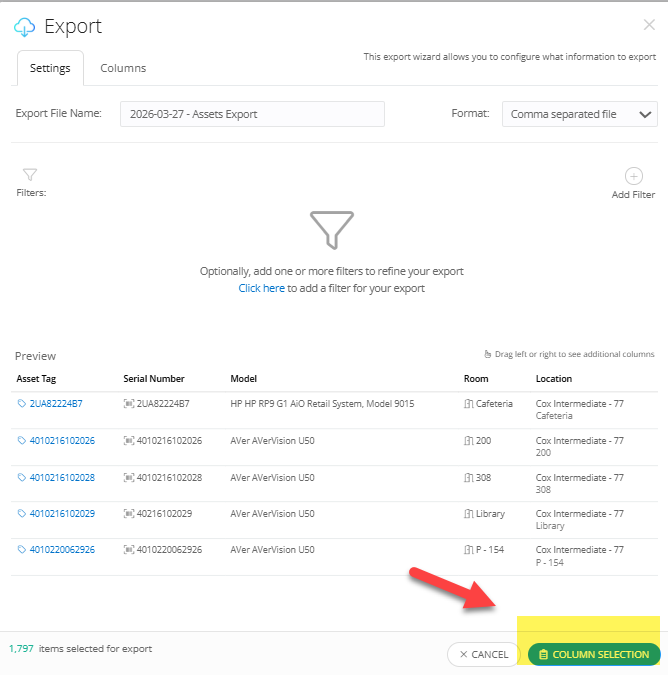 Export menu with Column Selection chosen and the Export button highlighted