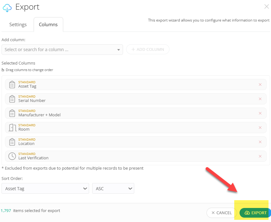 Export menu with Column Selection chosen and the Export button highlighted