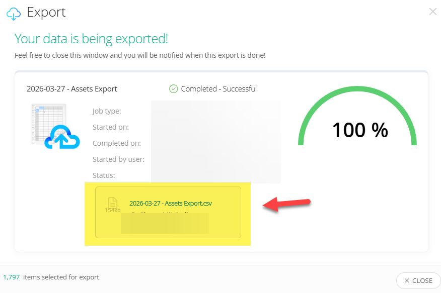 Incident IQ download confirmation window showing the clickable Excel file hyperlink.