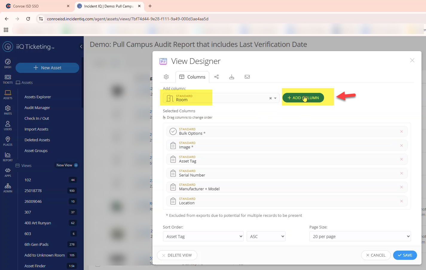 View Settings menu showing the Serial Number, Room Number, and Last Verification columns added.
