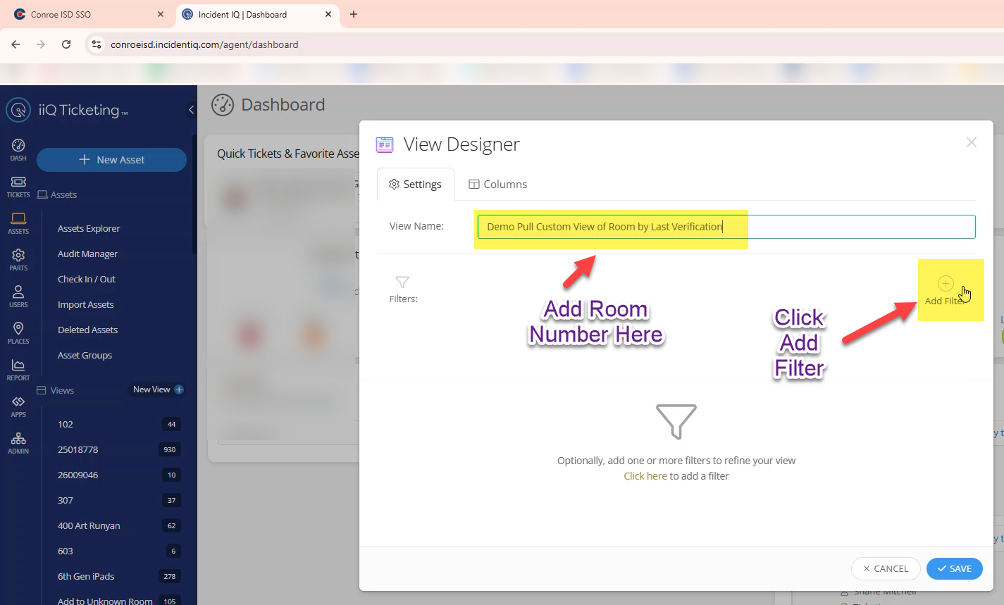Custom view creation screen showing the custom name field and the Add Filter button.
