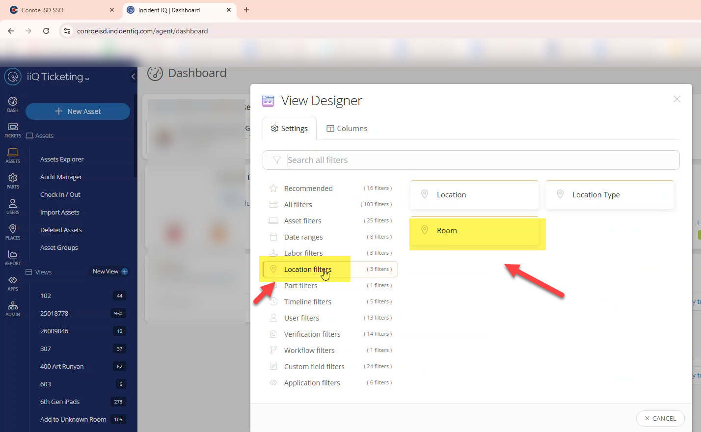 Location Filters menu with the Room option selected.