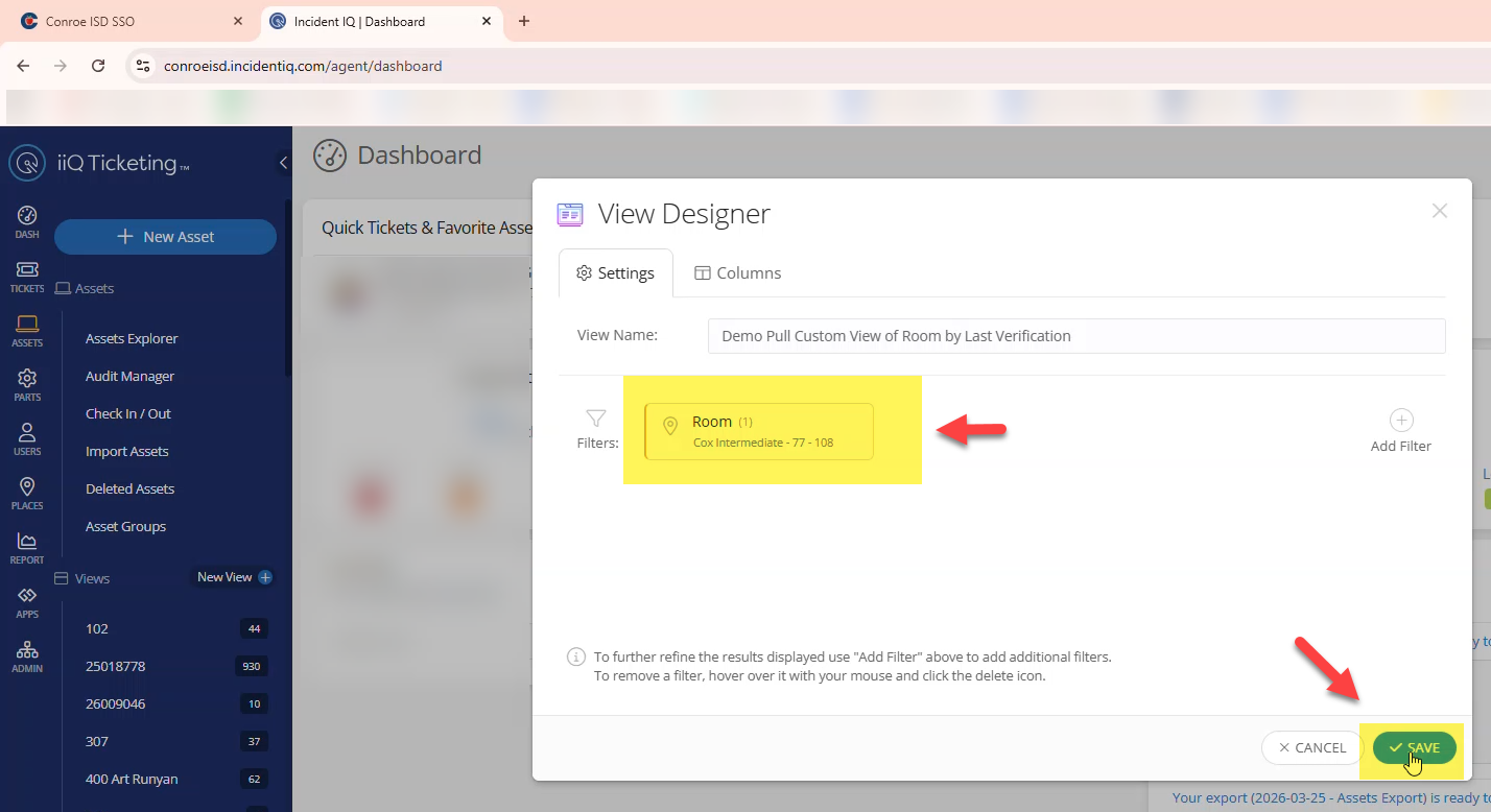 Filter review screen showing the selected room and the final Save button.