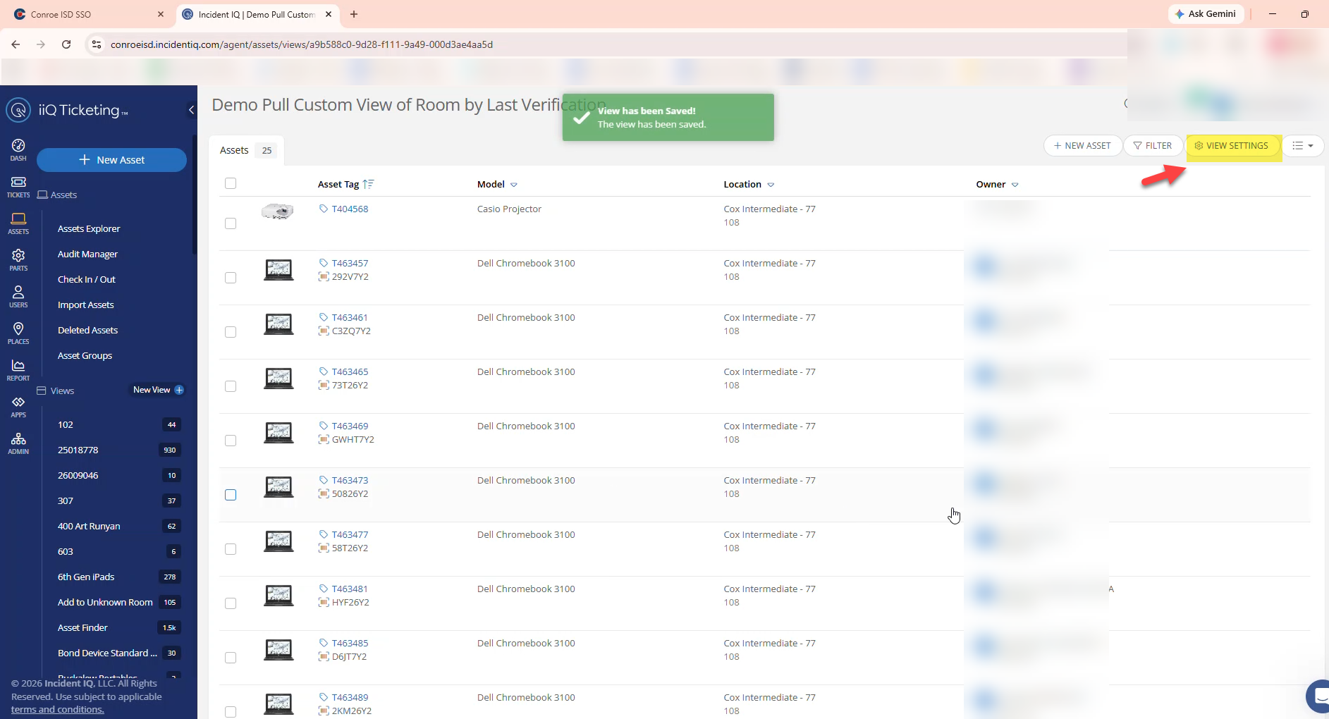 Incident IQ Custom View screen highlighting the View Settings button.