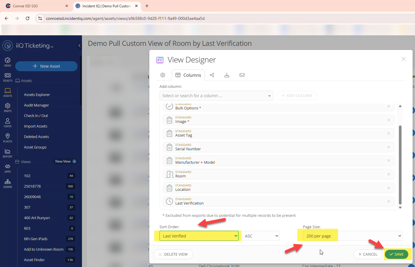 View Settings menu showing the list sorted by Last Verification, page size set to 200, and the Save button.