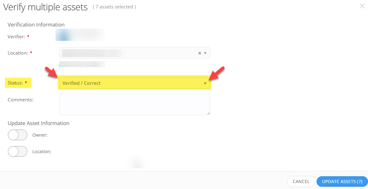 Verify Assets menu with Verified and Correct chosen from the Status drop-down.