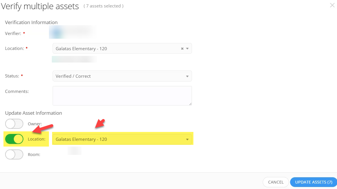 Location toggle switched on showing the selected campus.