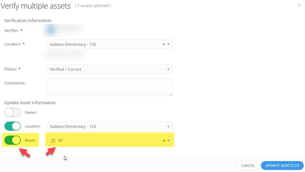 Room toggle switched on with a specific room selected from the drop-down menu.