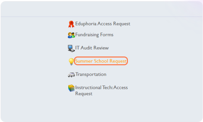 Image of Selection of Summer School Request form.