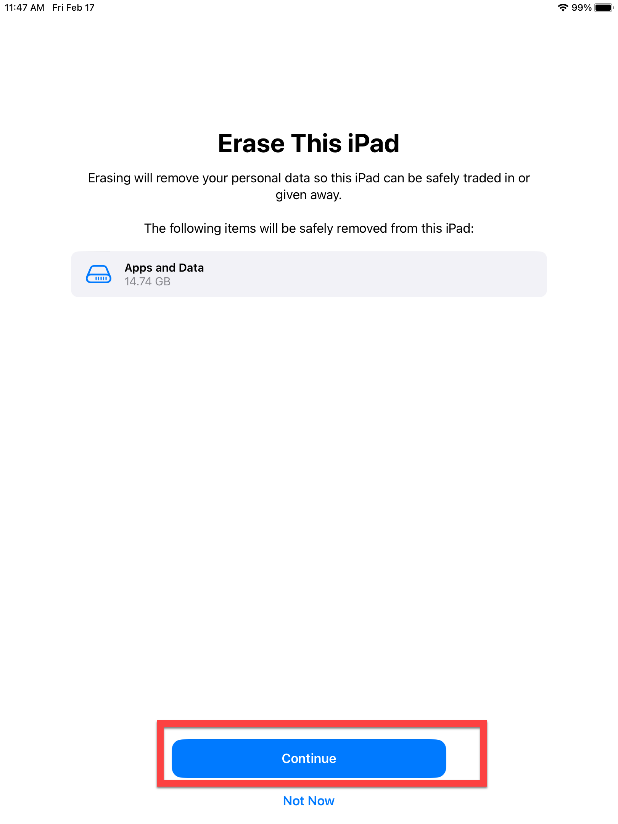 Click Continue and Follow Prompts to Wipe the iPad