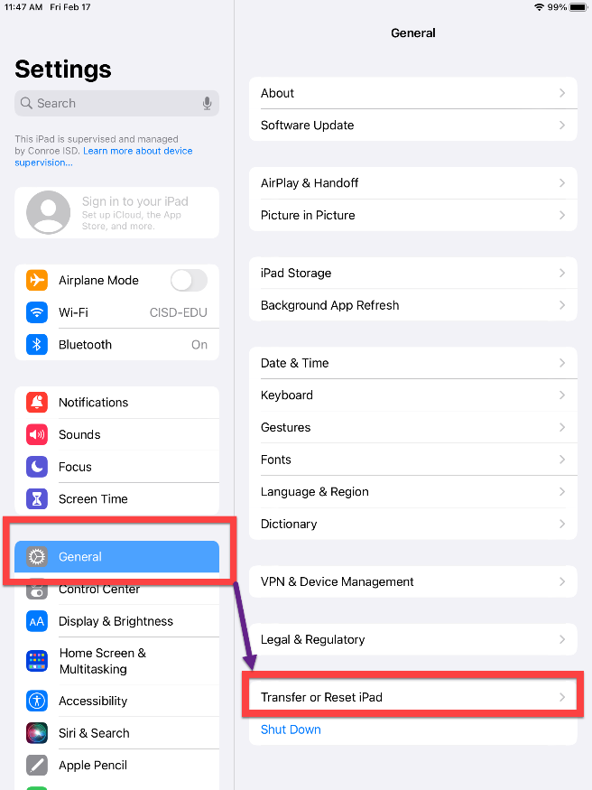 Click General and Select Transfer or Reset iPad