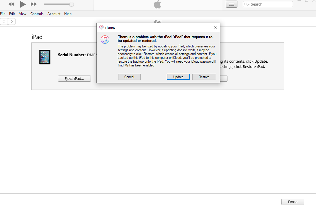 Picture of Update and Restore Pop-Up in iTunes