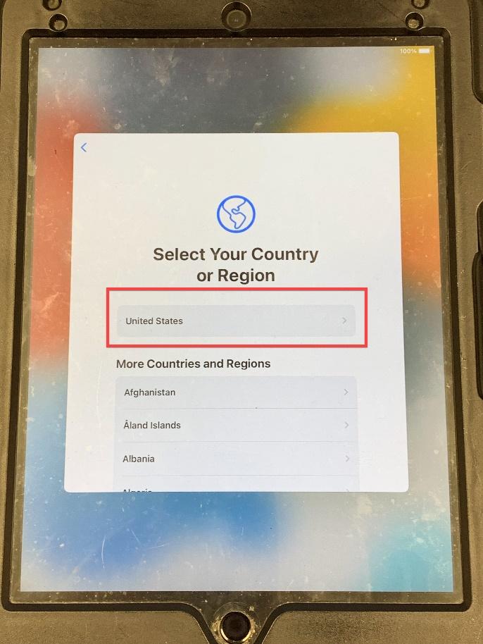 iPad Select Country or Region Screen