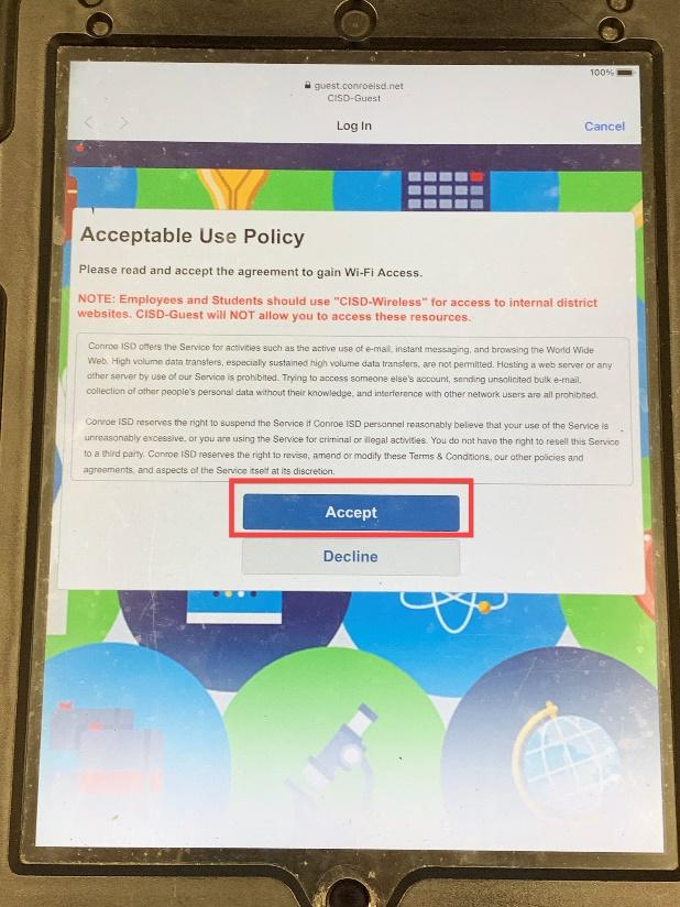iPad Guest WIFI Accept Screen