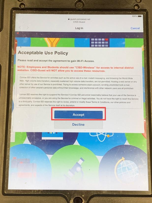 iPad Guest WIFI Accept Screen