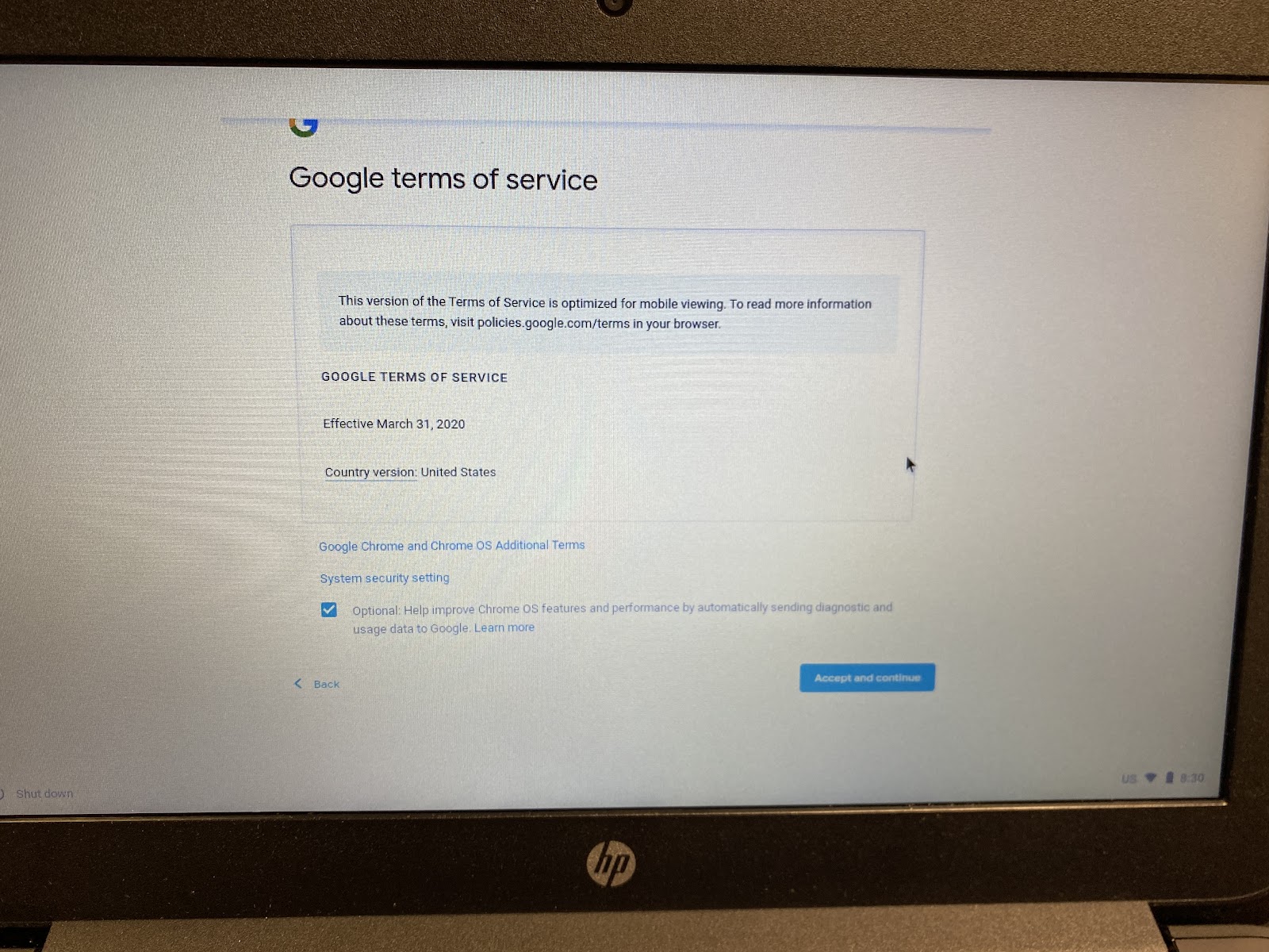 Accept and continue Chromebook screen