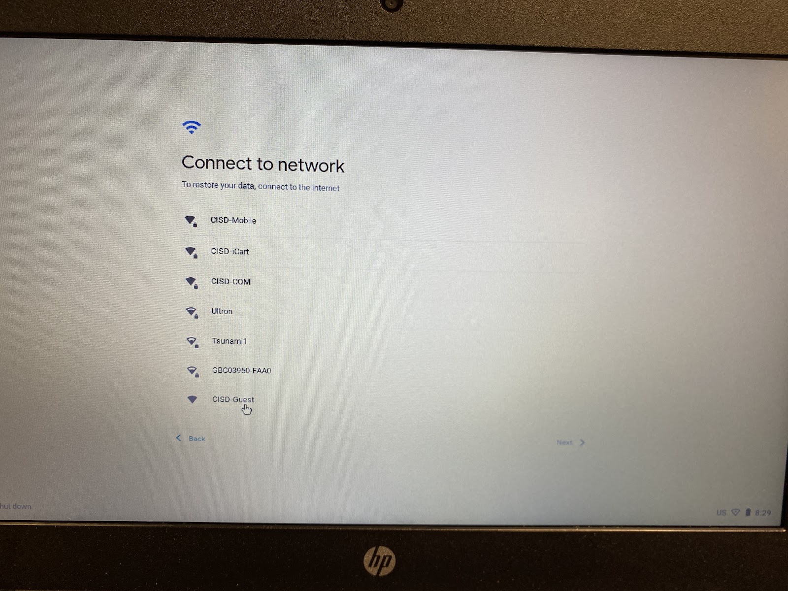 Connect to Network Chromebook screen