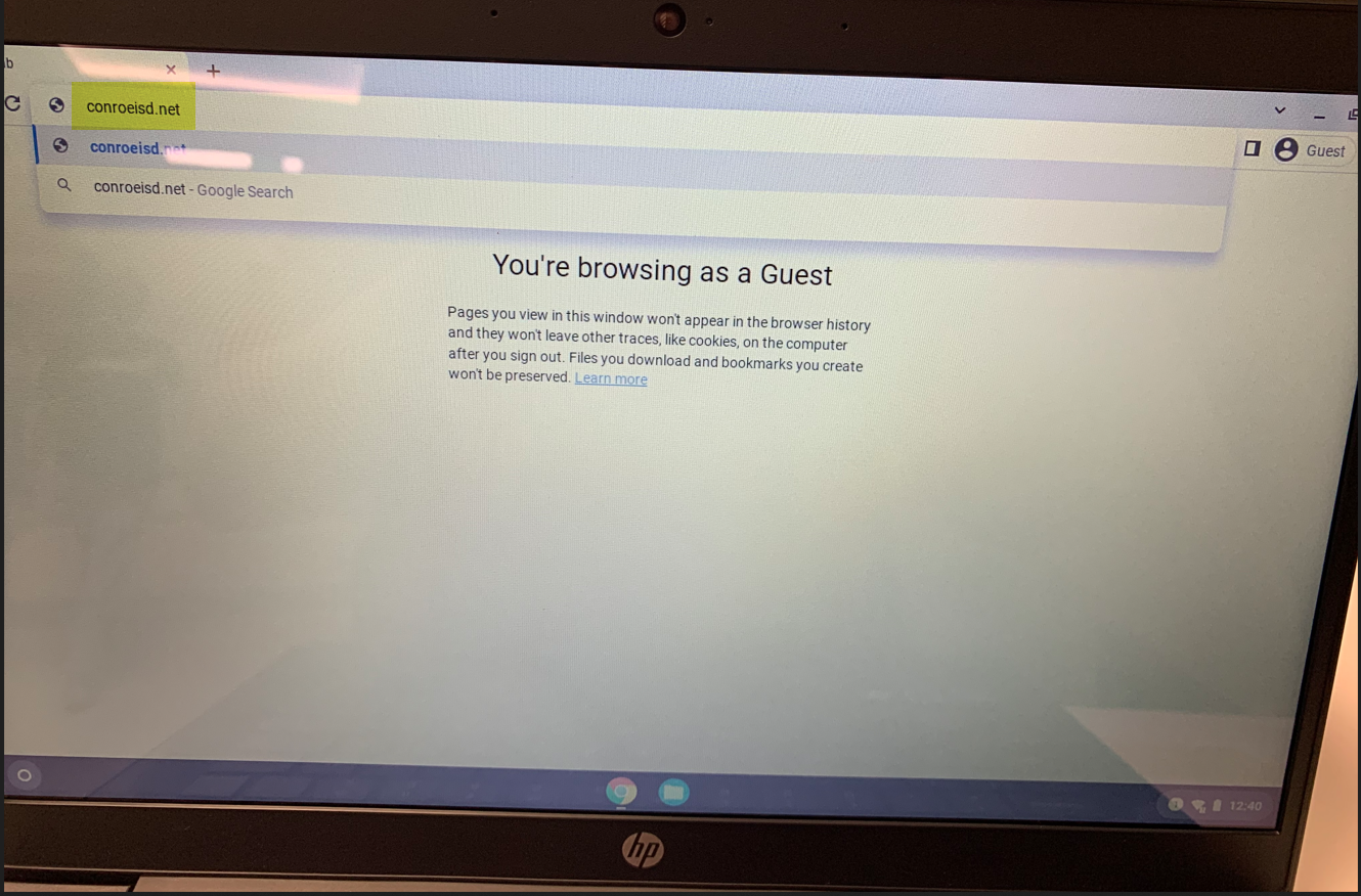 Guest Browsing window going to Conroeisd.net Chromebook screen