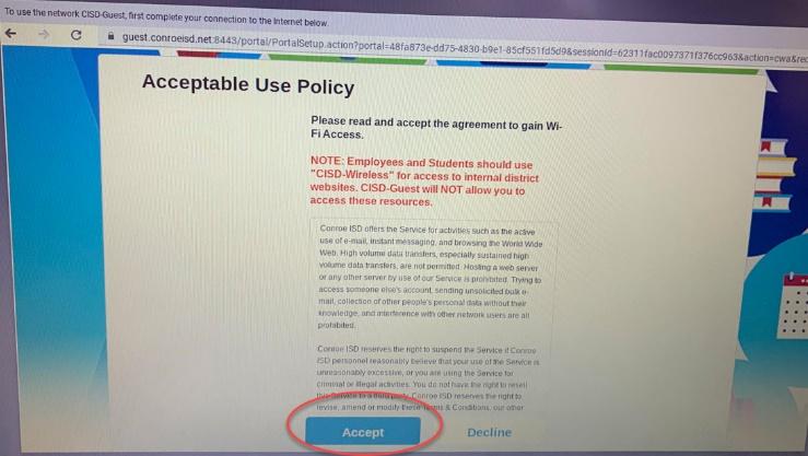 Accept button for CISD Guest WIFI highlighted on Chromebook screen