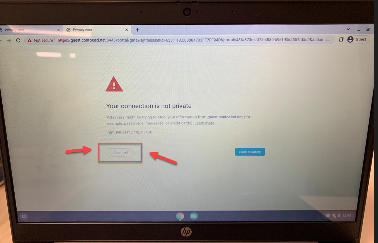 Privacy error screen and selecting Advanced