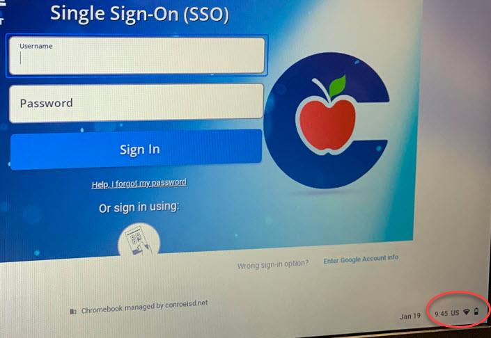 Date and time highlighted on bottom right corner of Chromebook screen