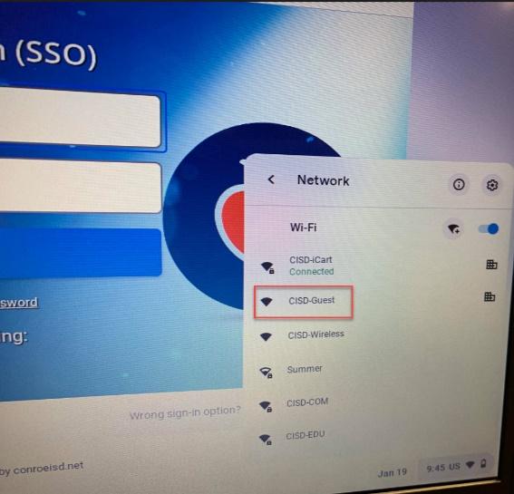 CISD-Guest WIFI highlighted on Chromebook screen