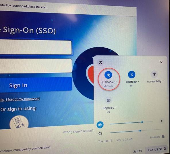 WIFI Icon highlighted on Chromebook Screen