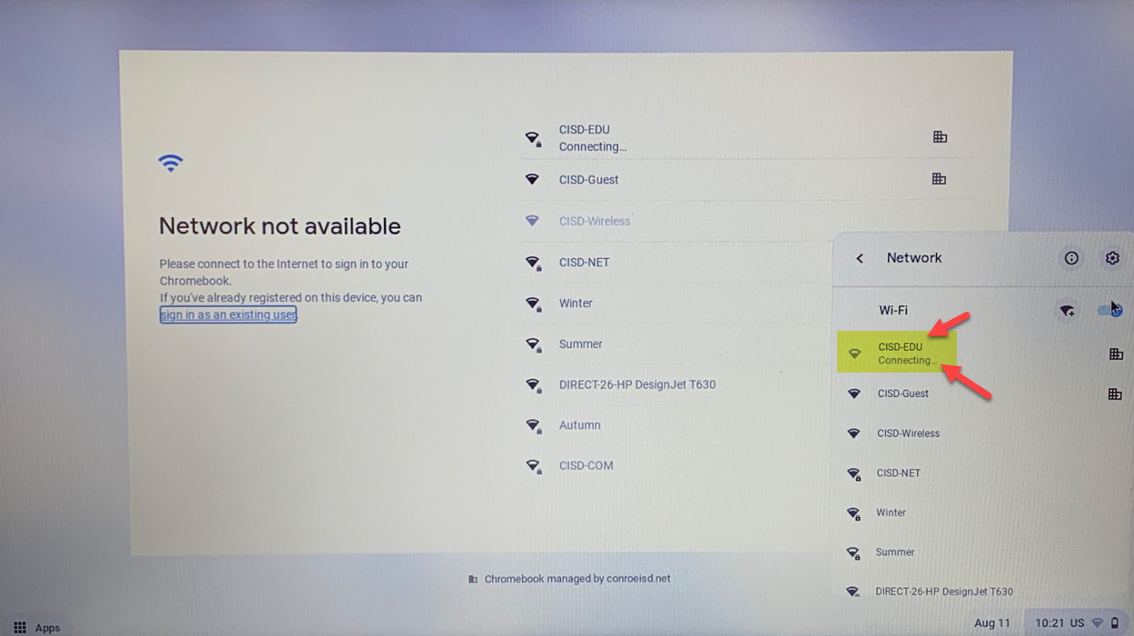 WIFI toggled back on and Chromebook connected to CISD EDU WIFI screen
