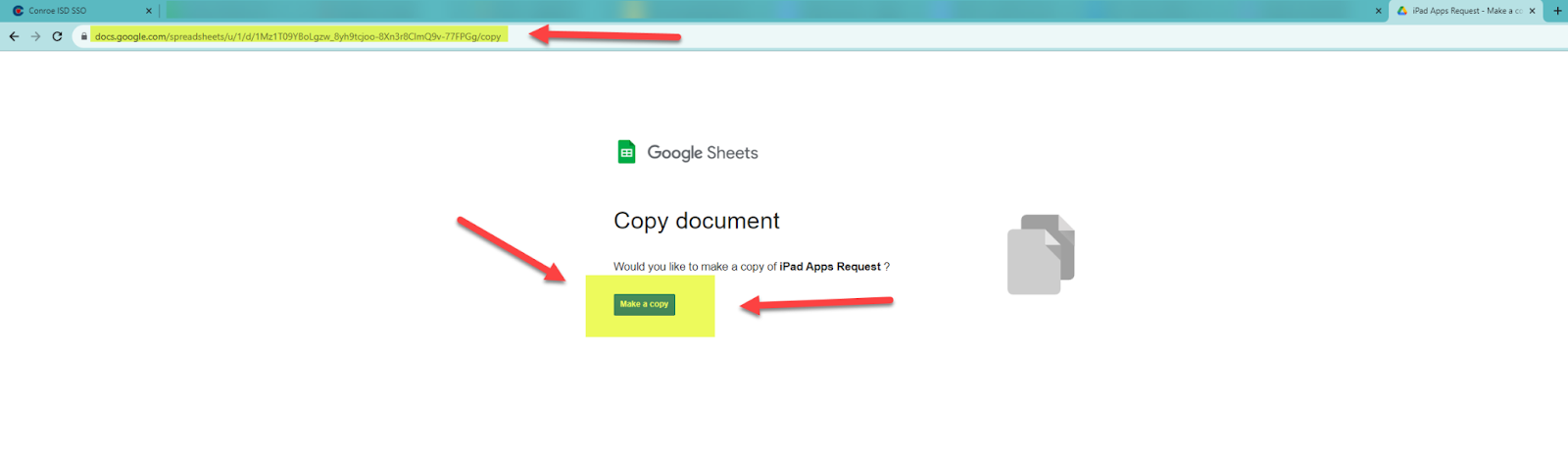 Make a Copy button Google Sheets screen