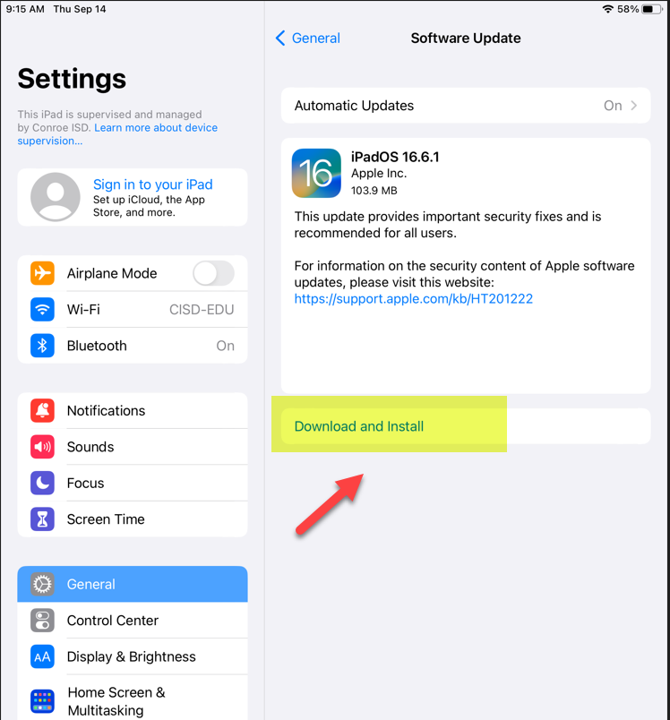 Software Update settings screen selecting Download and Install update