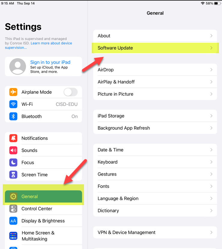 Settings screen selecting the General tab and then selecting Software Update