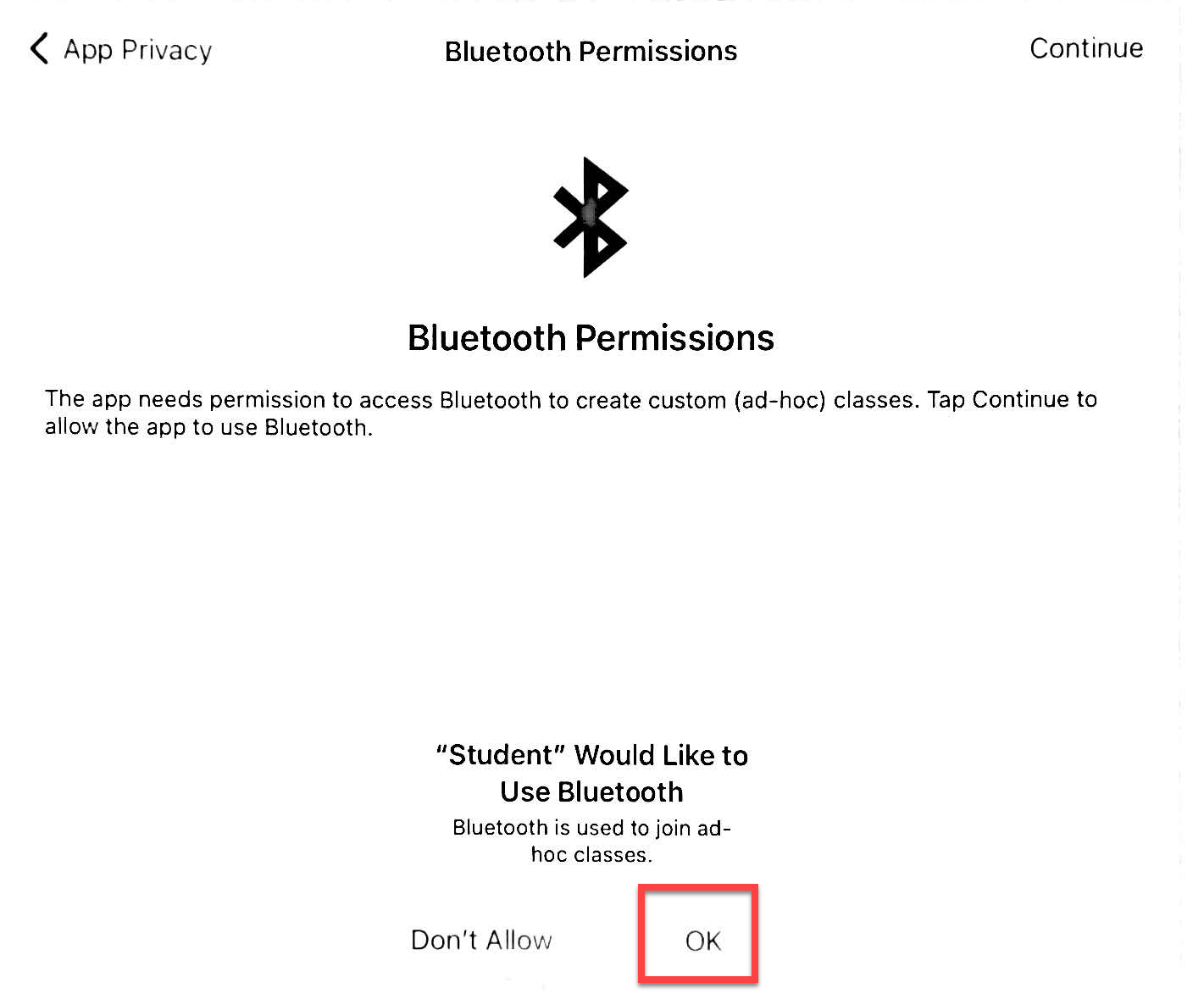 Click OK to Allow Bluetooth Permissions Screen