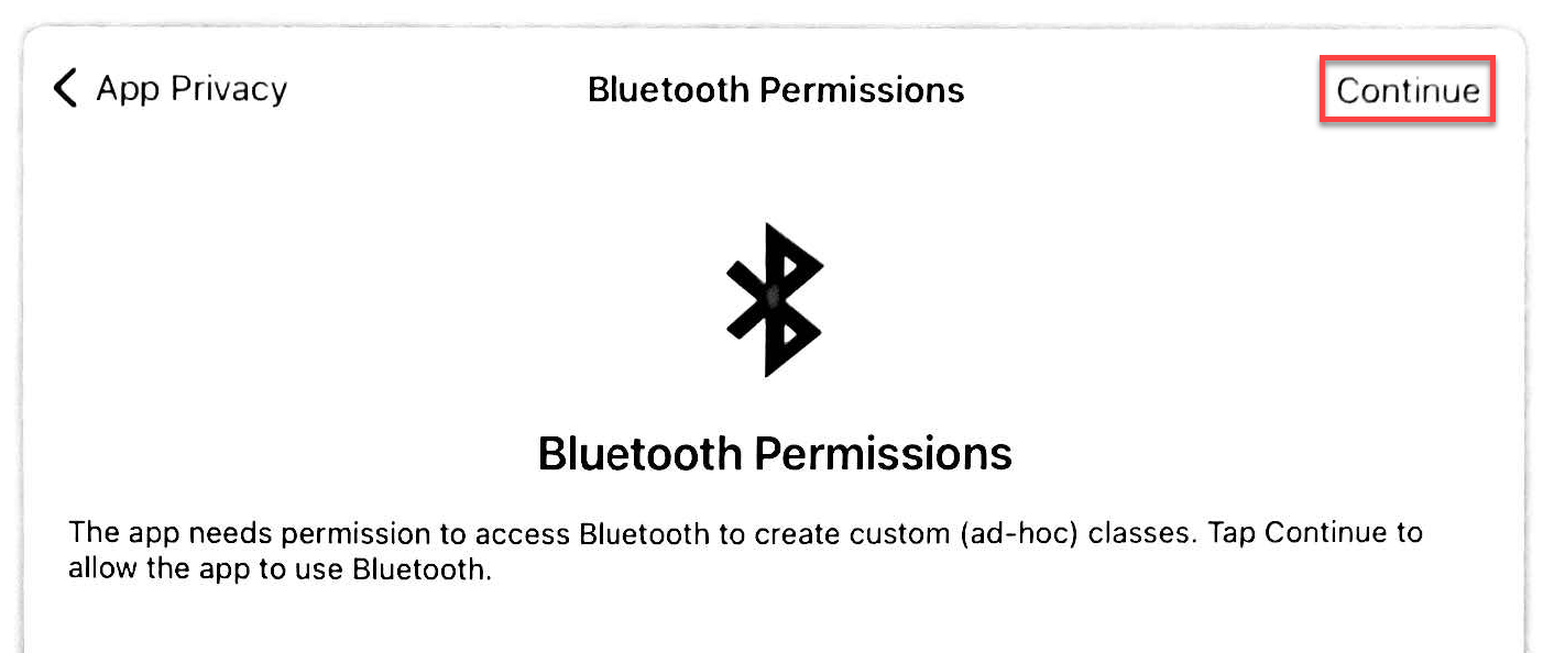 Click Continue to Allow Bluetooth Permissions Screen