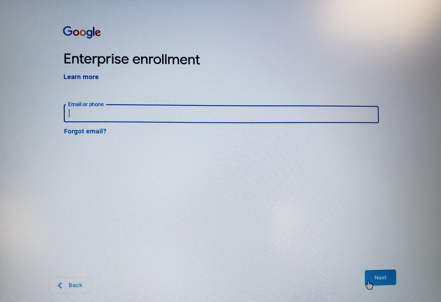 Enterprise enrollment login field.