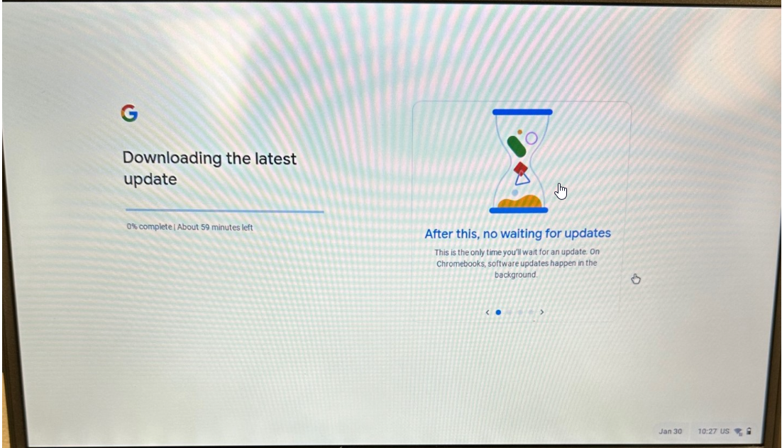 Chromebook downloading software update progress bar.