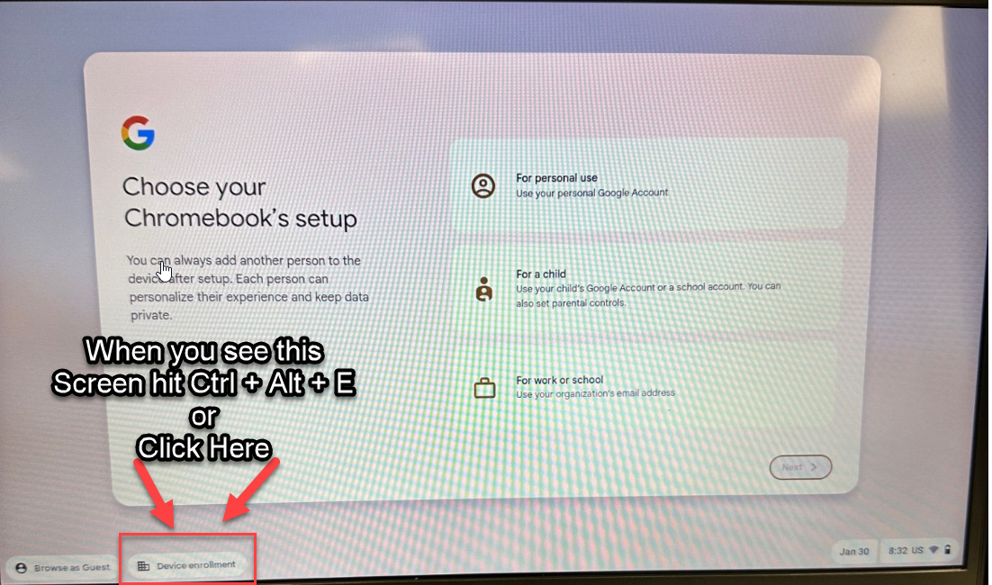 Chromebook setup screen highlighting the Device Enrollment link at the bottom left.
