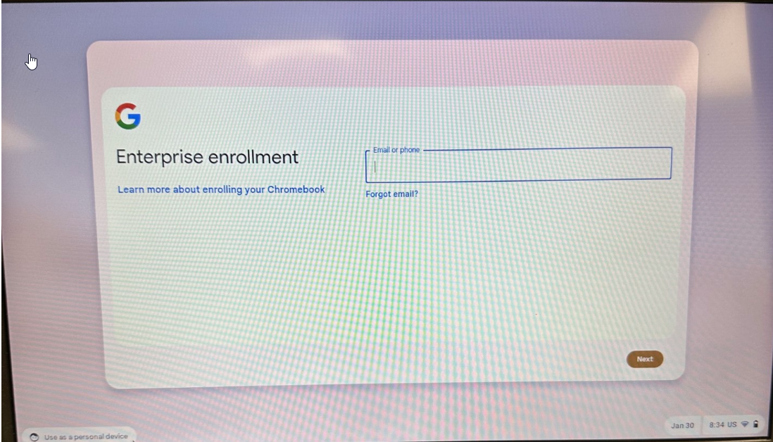 Google Enterprise Enrollment email sign-in field.
