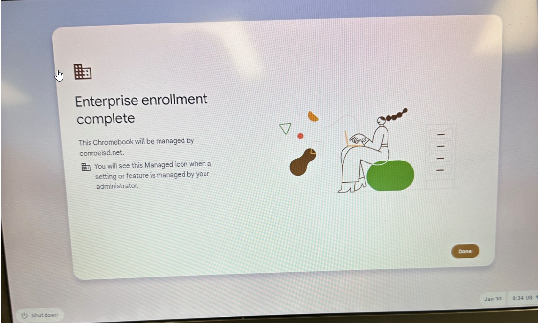 Enterprise enrollment complete screen showing the Done button