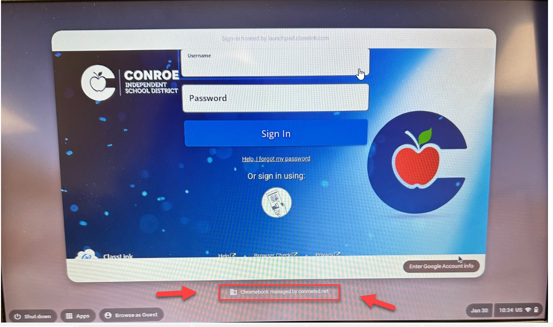 Chromebook login screen showing the Managed by Conroe ISD badge.