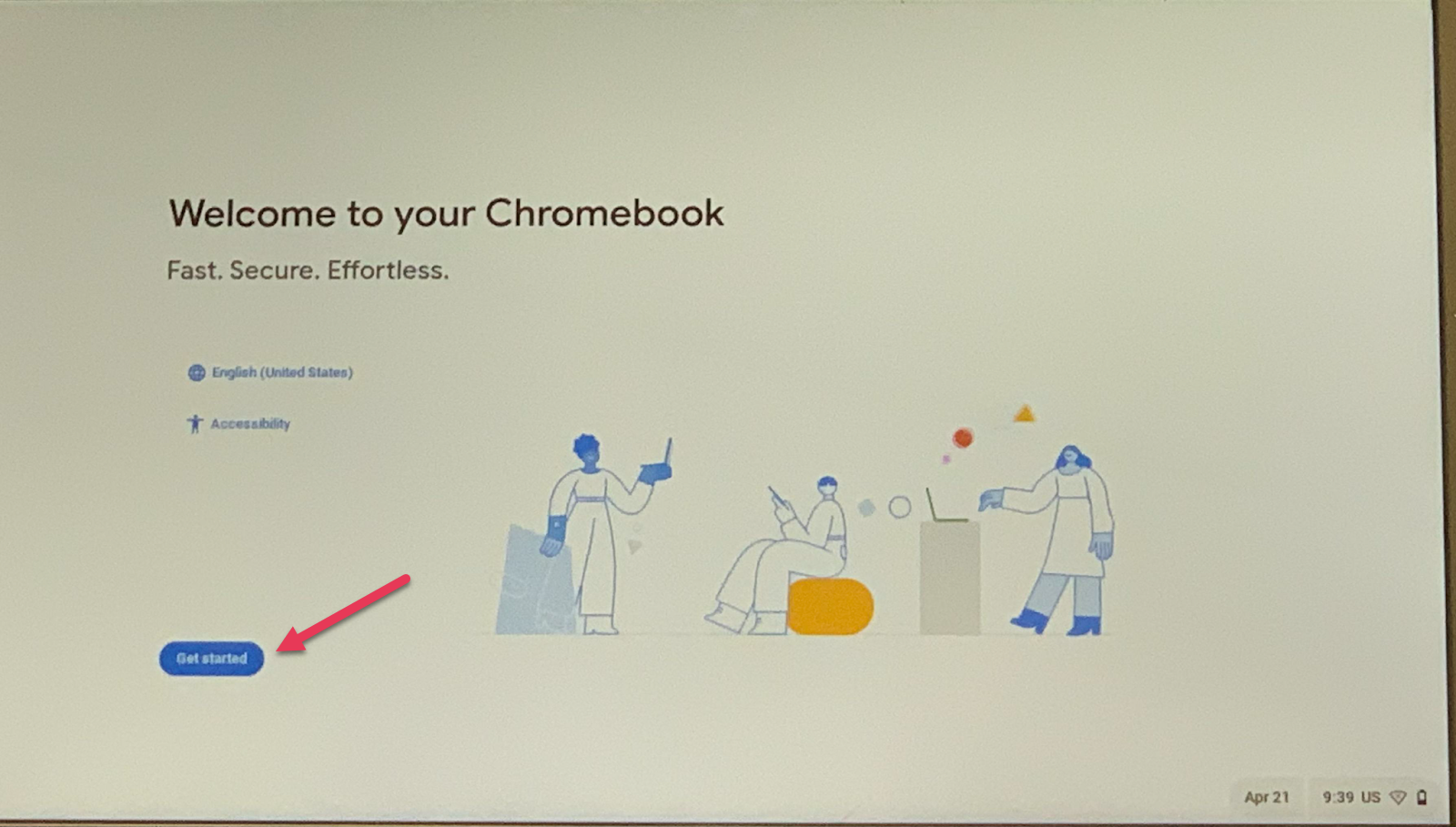 Chromebook Welcome screen with the Get started button highlighted.