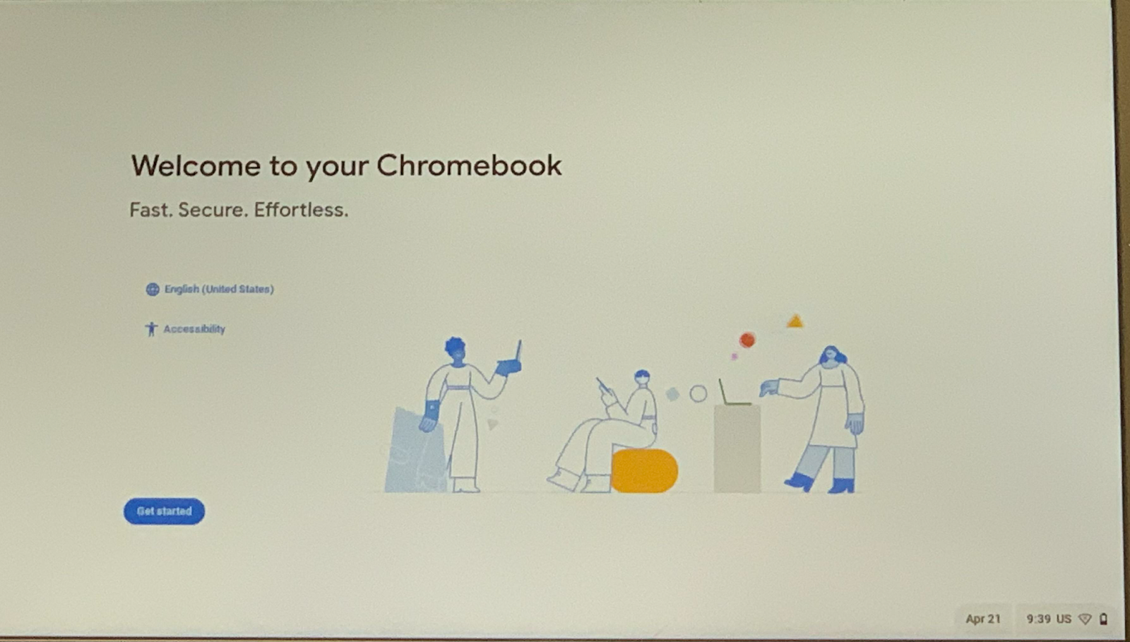 Chromebook Welcome page with the Get started button.