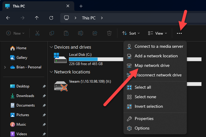 Windows Explorer Window Menu for Map Network Drive