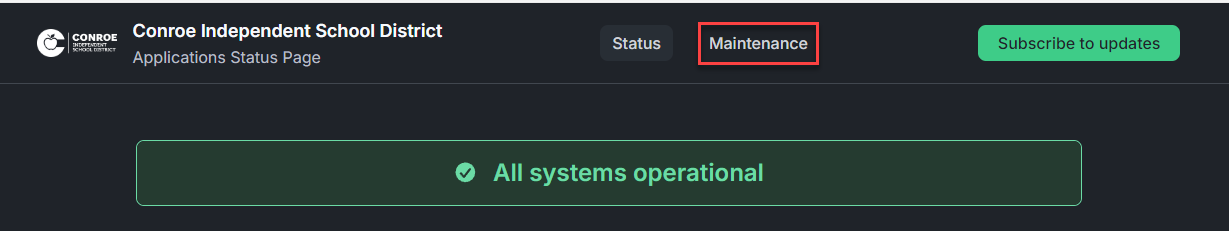 Screenshot of the Applications Status Page header with the Maintenance tab highlighted next to Status.