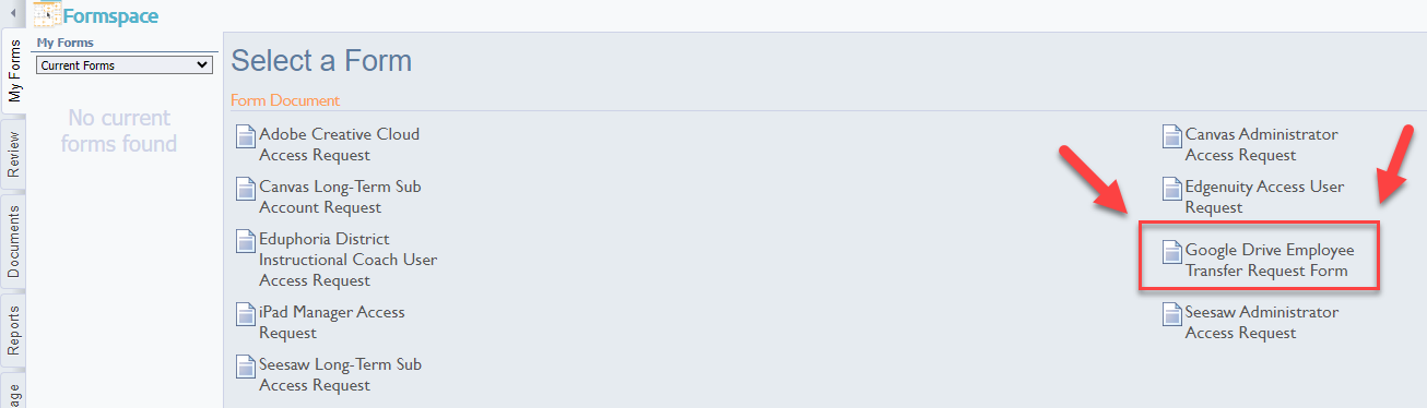 Select Google Drive Employee Transfer Request Form