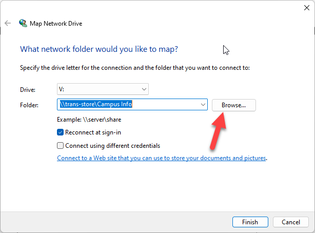 Map network drive dialog box, depicting drive V and a folder path listed