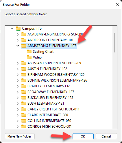 Browse for Folder Dialog - Listing of campus directories.